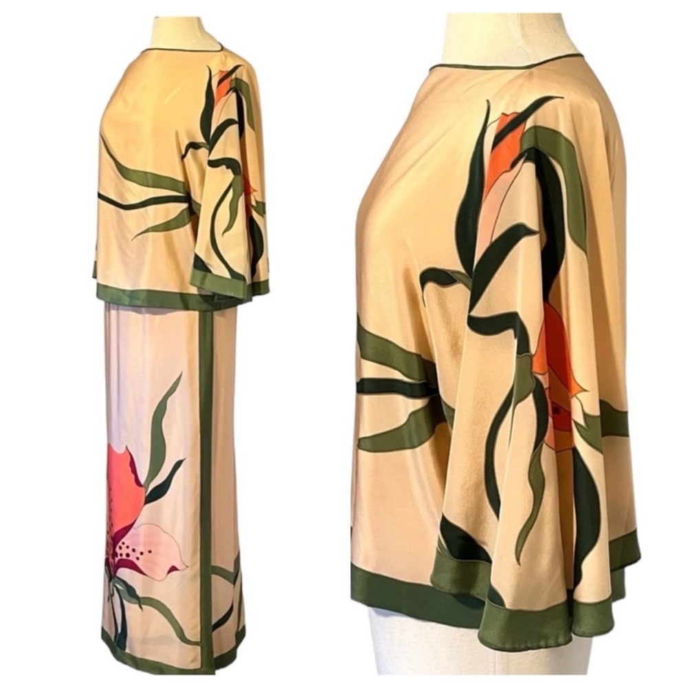Vintage Hand Painted Silk Dynale Paris two piece with butterfly sleeves.